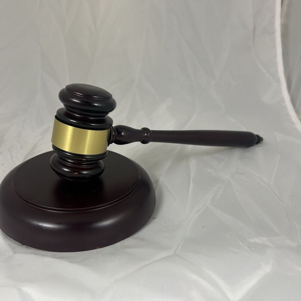 Wooden Judge Gavel w Sound Block Dark Wood Gold Band Auction Court